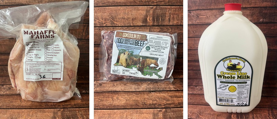 Southern Farms Ground Beef, Whole Chicken, and Feliciana Milk